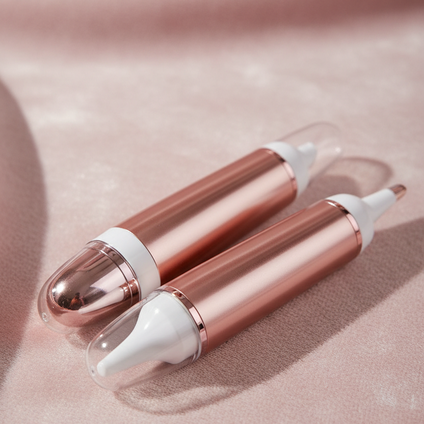 Two rose gold cosmetic dropper bottles with white caps resting on a soft pink satin fabric background.